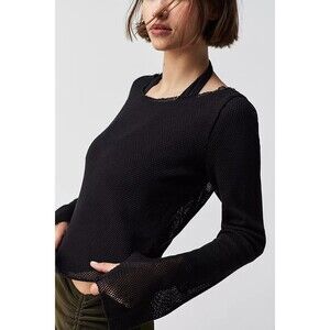 Free People Beau Mesh Layering Blouse Top Long Sleeve Scoop Neck Black M 282273